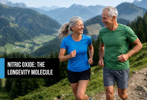  A couple jogging in the mountains, illustrating how nitric oxide supports physical longevity and endurance.