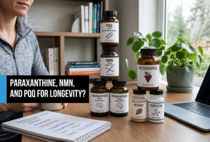 A stack of longevity supplement bottles—NMN, PQQ, and paraxanthine—on a desk for cellular energy research.