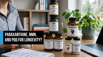 A stack of longevity supplement bottles—NMN, PQQ, and paraxanthine—on a desk for cellular energy research.