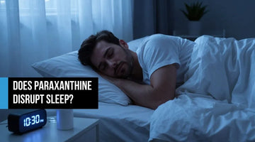 Man sleeping deeply in a premium bedroom at 10:30 PM with a supplement bottle on the nightstand — representing paraxanthine's fast half-life and sleep-protective clearance compared to caffeine.