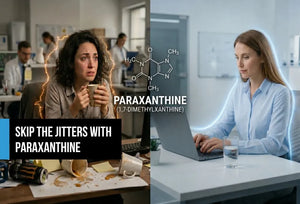 Side-by-side comparison of coffee jitters versus clean focus from paraxanthine in a modern office.
