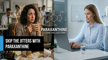 Side-by-side comparison of coffee jitters versus clean focus from paraxanthine in a modern office.