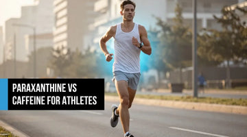Lean male endurance athlete running focused and controlled through an urban morning race — representing paraxanthine's clean energy and cognitive clarity advantage over caffeine for endurance performance.