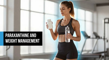 Athletic woman finishing a morning workout holding a supplement bottle and water, calm and energized — representing clean metabolic energy and body composition support from paraxanthine.