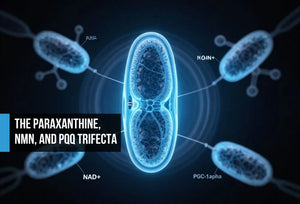 Detailed mitochondria cross-section in electric blue surrounded by newly forming mitochondria representing PQQ-triggered mitochondrial biogenesis, NAD+ synthesis, and expanding cellular energy capacity.