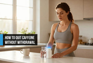 Confident woman in her early thirties placing a paraxanthine supplement beside a glass of water with an empty coffee mug turned face down, representing an empowered, intentional transition away from caffeine dependency toward clean sustainable energy.