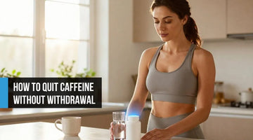 Confident woman in her early thirties placing a paraxanthine supplement beside a glass of water with an empty coffee mug turned face down, representing an empowered, intentional transition away from caffeine dependency toward clean sustainable energy.
