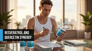 Biohacker in his mid-forties reviewing supplement labels at a minimalist home office desk at golden hour — representing informed longevity optimization with resveratrol and quercetin supplementation.