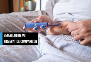 Person self-injecting a GLP-1 medication pen into their abdomen, with text overlay reading Semaglutide vs Tirzepatide Comparison