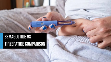 Person self-injecting a GLP-1 medication pen into their abdomen, with text overlay reading Semaglutide vs Tirzepatide Comparison