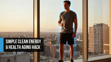 Lean man in his mid-forties standing at a floor-to-ceiling window at golden hour with a supplement bottle, representing Total Longevity Upgrade's cellular energy, cognitive performance, and biological optimization.