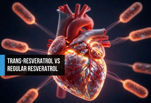 Cinematic molecular comparison of cis-resveratrol in faded grey and trans-resveratrol in vivid electric blue with DNA helixes suggesting sirtuin activation on a matte black background.