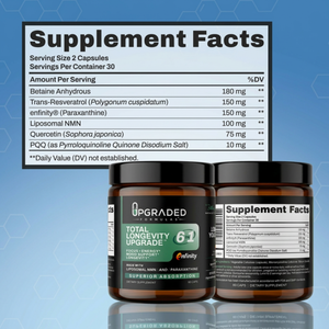 Total Longevity Upgrade supplement bottle from Upgraded Formulas® with label and capsules visible in the image.
