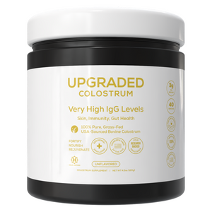 Upgraded Formulas® upgraded colostrum supplement bottle with label, showing the product and cap on a white background.