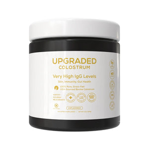 Upgraded Formulas® upgraded colostrum supplement bottle with label, showing the product and cap on a white background.