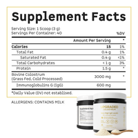 Bottle of Upgraded Formulas® Upgraded Colostrum supplement with supplement facts label showing nutritional information.