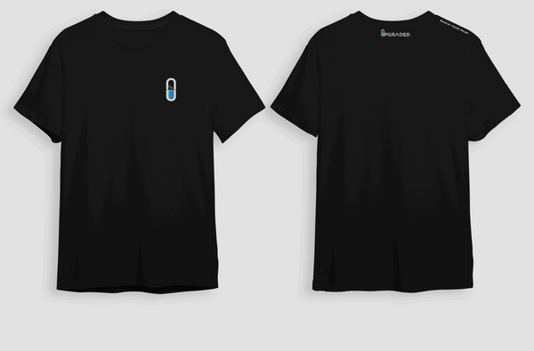 Unisex white cotton t-shirt with Upgraded Formulas® logo, casual fit, showcasing the upgraded formulas reach your peak design.